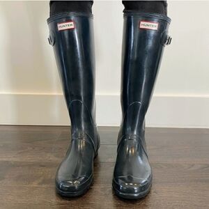 Hunter Dark Navy Blue Black Original Tall Gloss Wellington Rain Boots Size 9 US